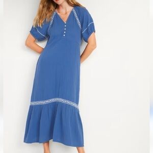 Blue Crinkle-Crepe Maxi Swing Dress